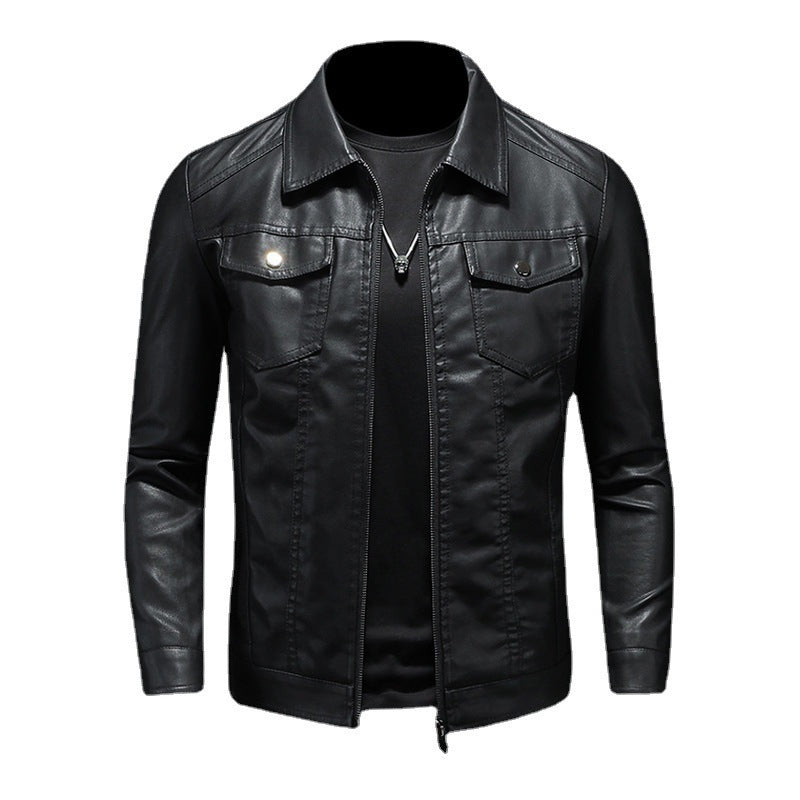 Men's Classic Leather Jacket with Button Pockets