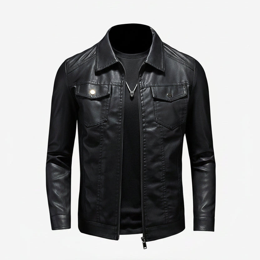 Men's Classic Leather Jacket with Button Pockets