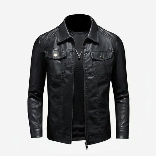 Men's Classic Leather Jacket with Button Pockets