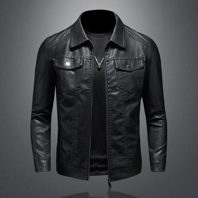 Men's Classic Leather Jacket with Button Pockets