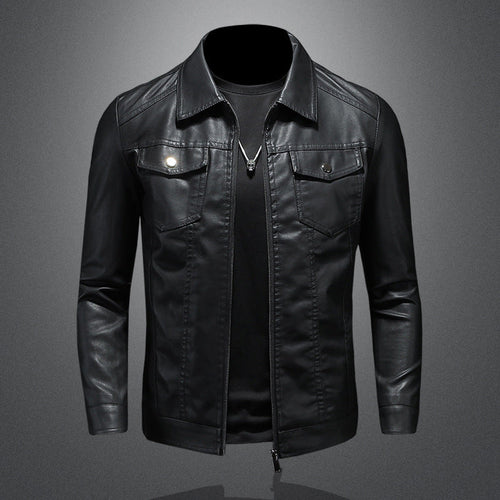 Men's Classic Leather Jacket with Button Pockets