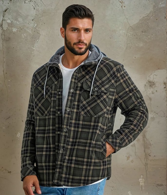 Men's Hooded Plaid Jacket for Autumn Winter Wear