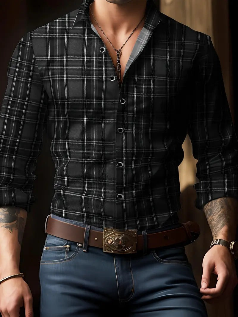 Men's Plaid Button-Up Shirt for Autumn and Winter
