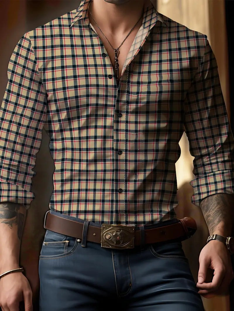Men's Plaid Button-Up Shirt for Autumn and Winter