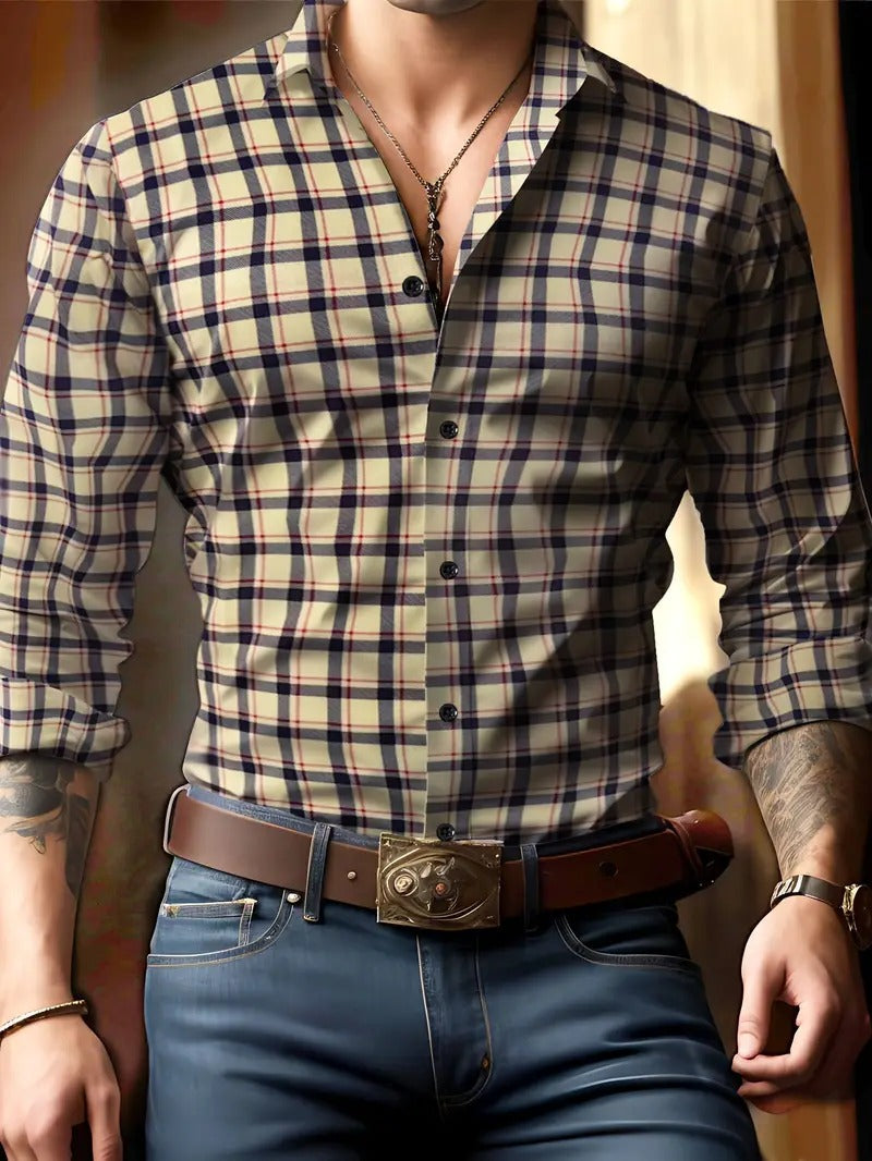 Men's Plaid Button-Up Shirt for Autumn and Winter