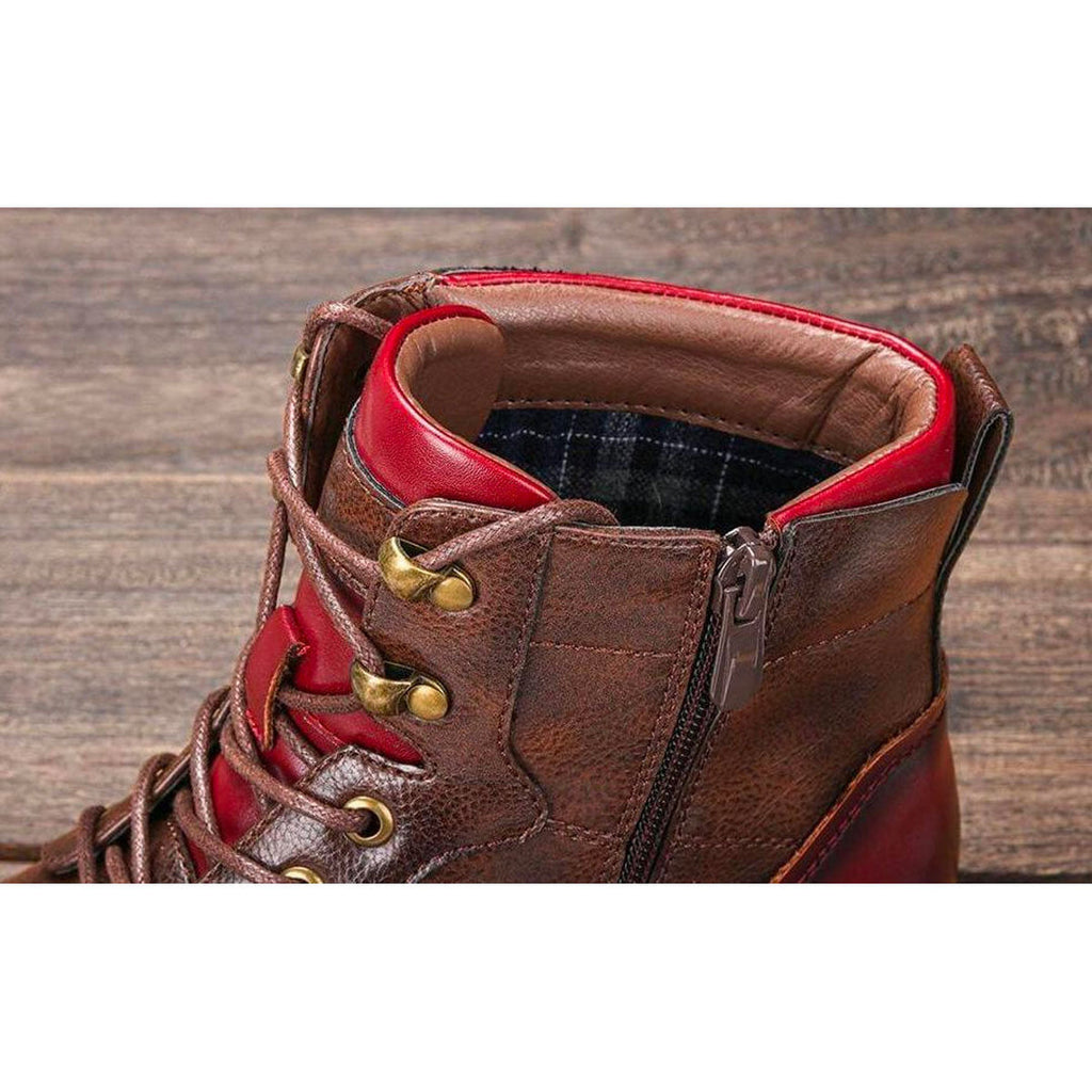 Men's Brogue Lace-Up Boots with Side Zip, Brown – collar detail