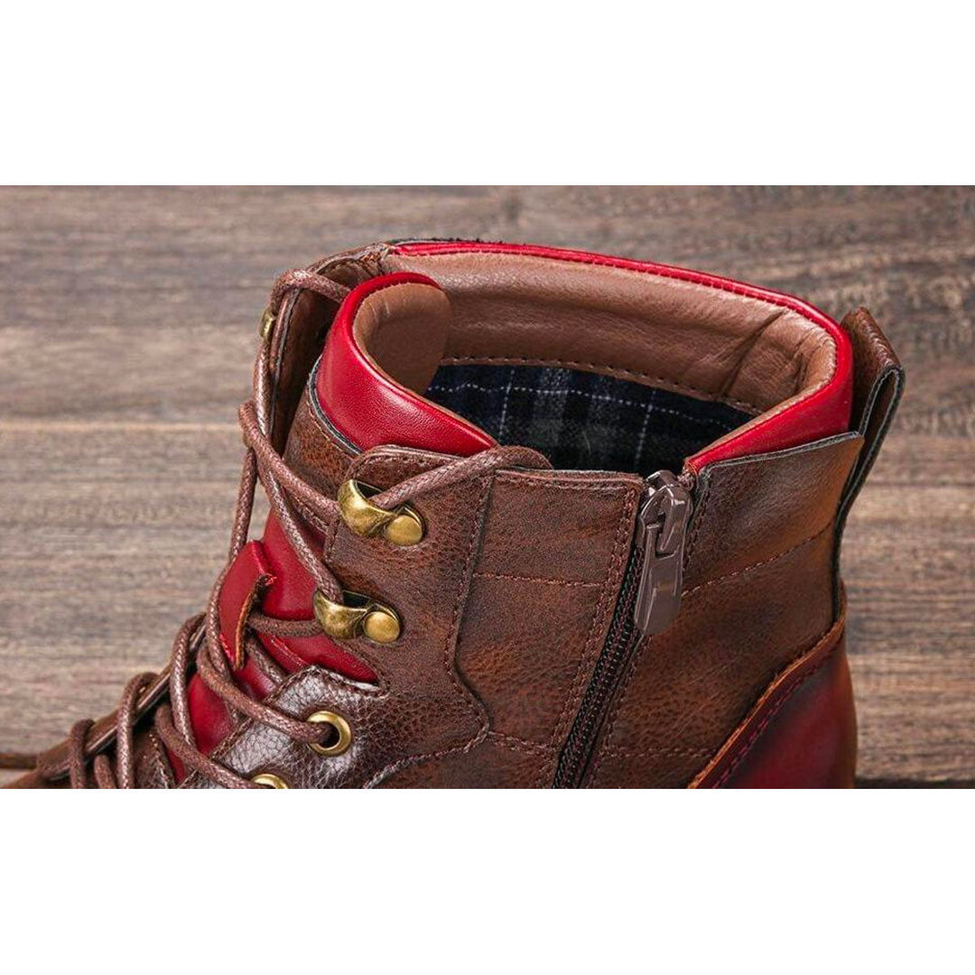 Men's Brogue Lace-Up Boots with Side Zip, Brown – collar detail