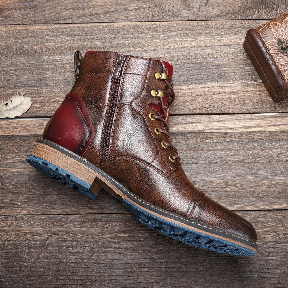 Men's Brogue Lace-Up Boots with Side Zip, Brown – zip side view