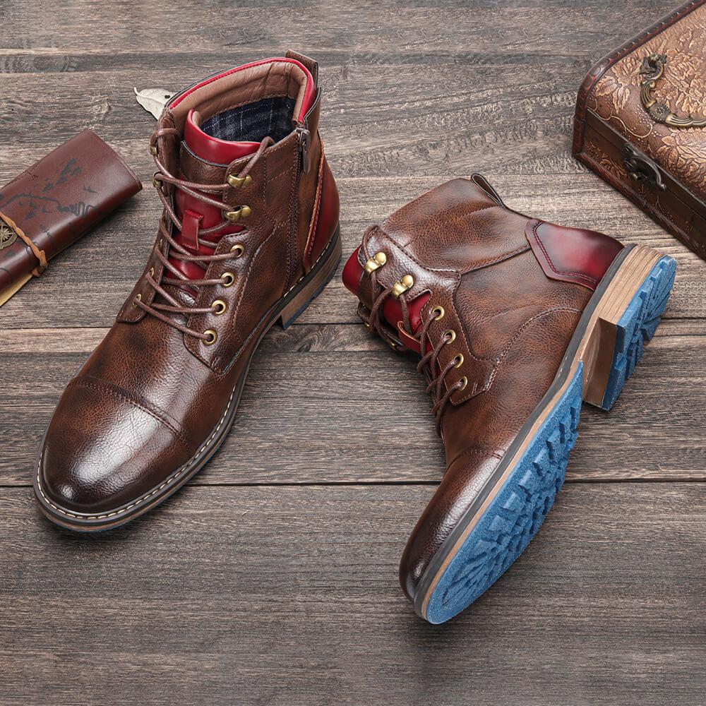 Men's Brogue Lace-Up Boots with Side Zip, Brown – pair side view