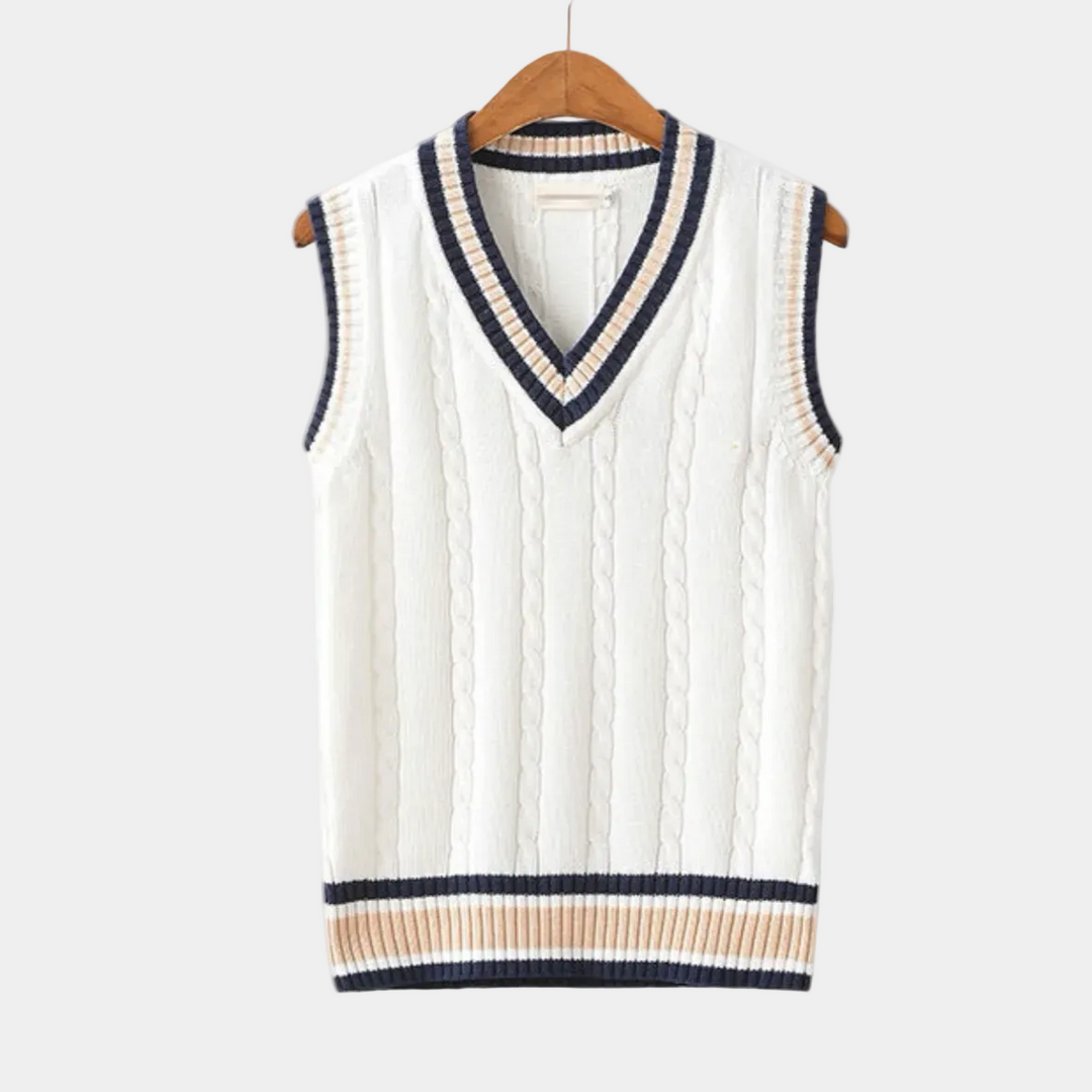 Men's Cable Knit V-Neck Sweater Vest, White – front view