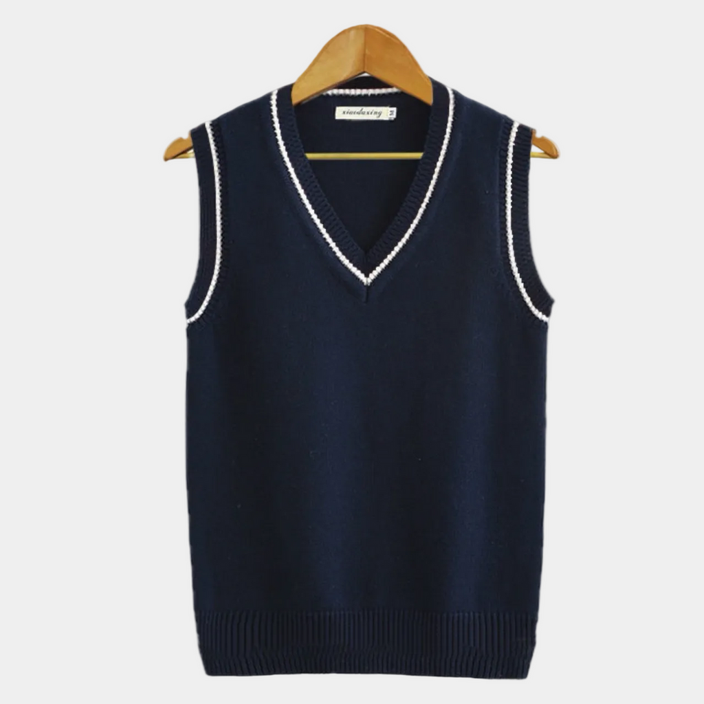 Men's Cable Knit V-Neck Sweater Vest, Dark Blue – front view