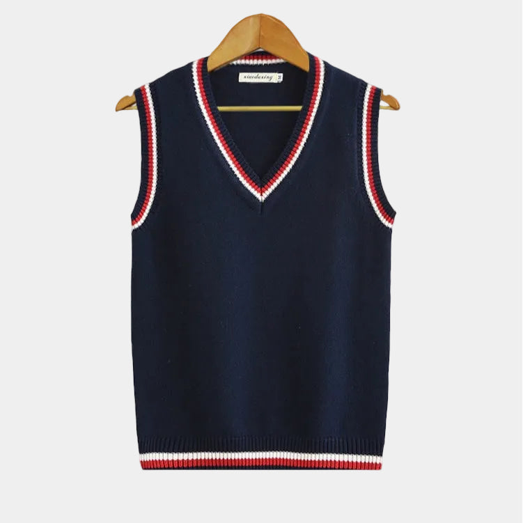 Men's Cable Knit V-Neck Sweater Vest, Navy Blue – front view