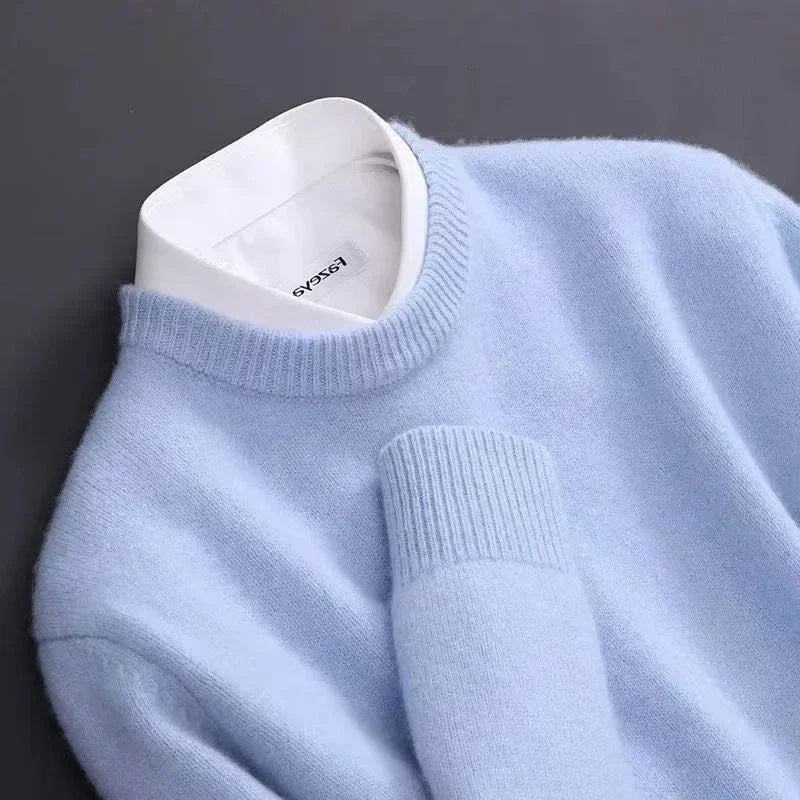 Men's Crew Neck Knit Sweater, Light blue – collar and cuff detail