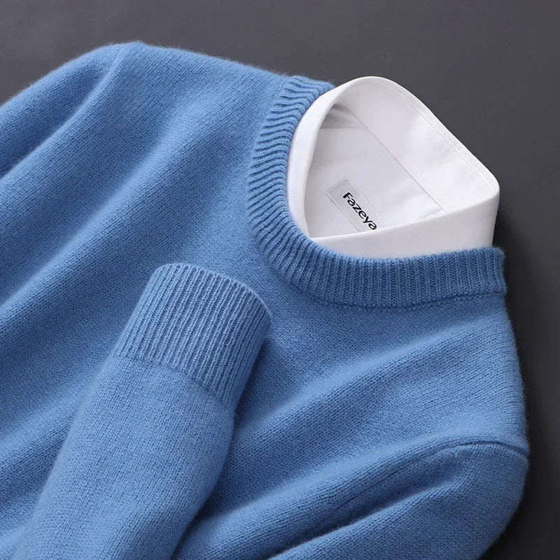 Men's Crew Neck Knit Sweater, Blue – collar and cuff detail