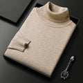 Men's Fine Knit Turtleneck Sweater, Rose Beige – front view