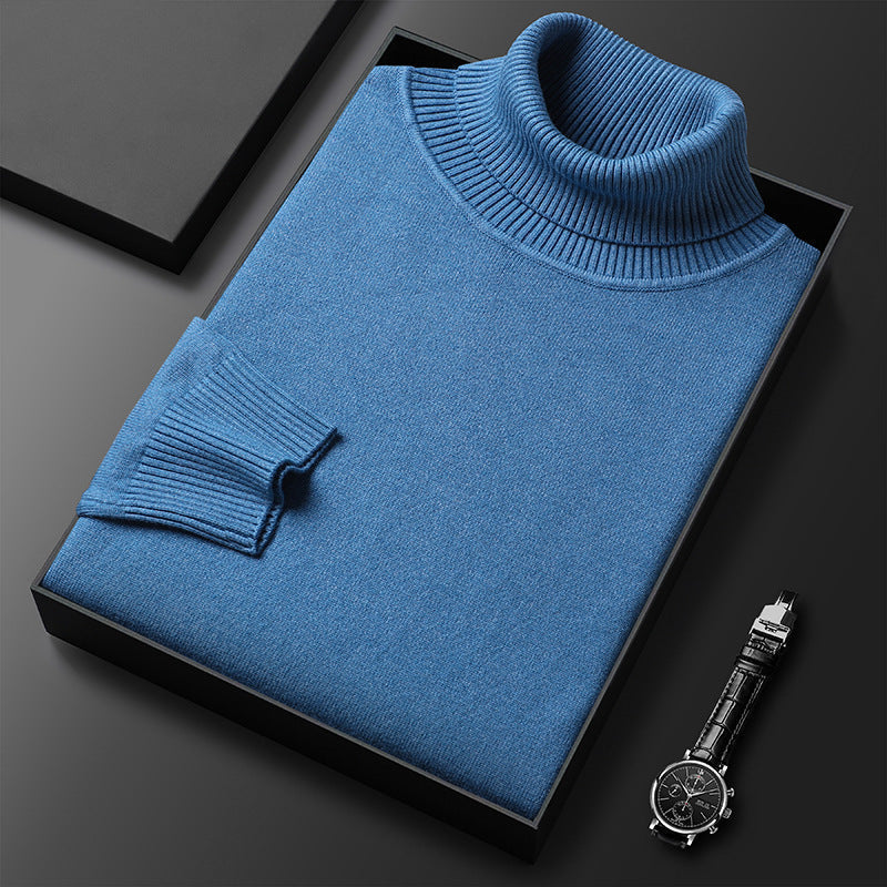 Men's Fine Knit Turtleneck Sweater, Blue – front view