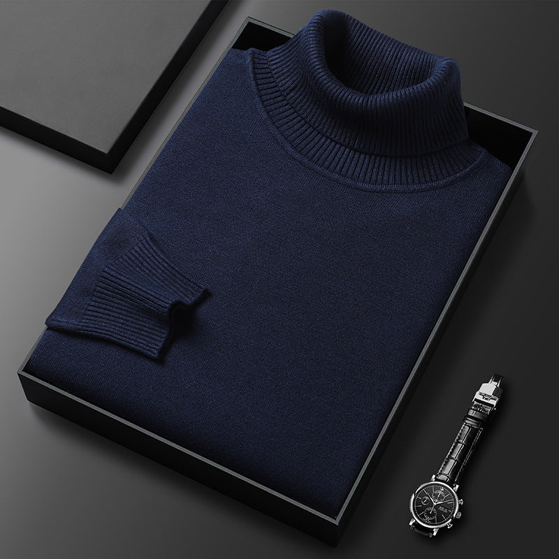 Men's Fine Knit Turtleneck Sweater, Dark Blue – front view