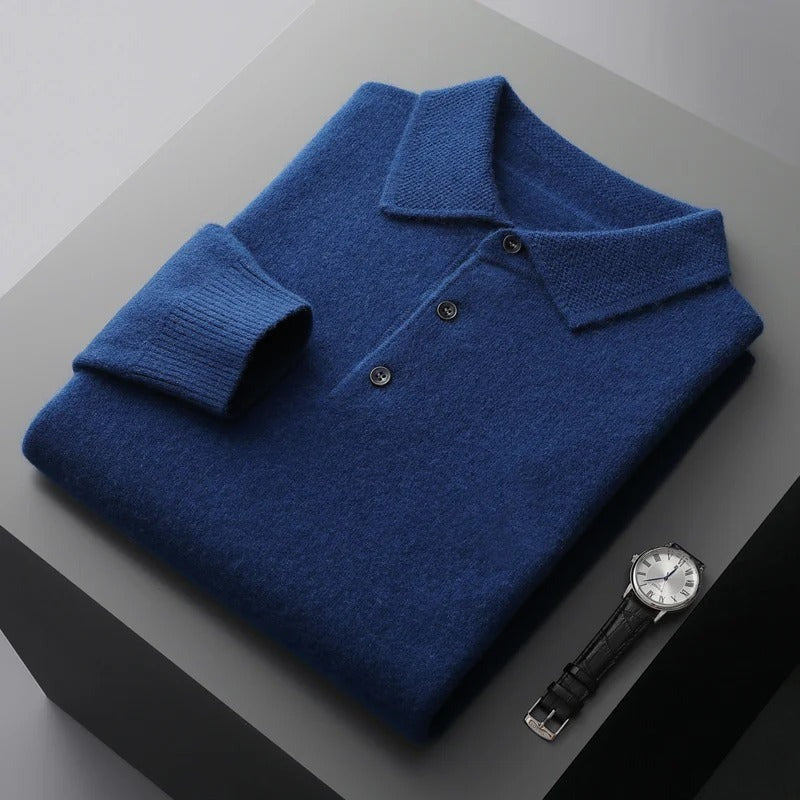 Men's Knit Polo Collar Sweater, Dark Blue – flat lay