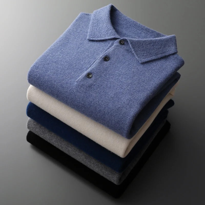 Men's Knit Polo Collar Sweater, Blue – folded stack