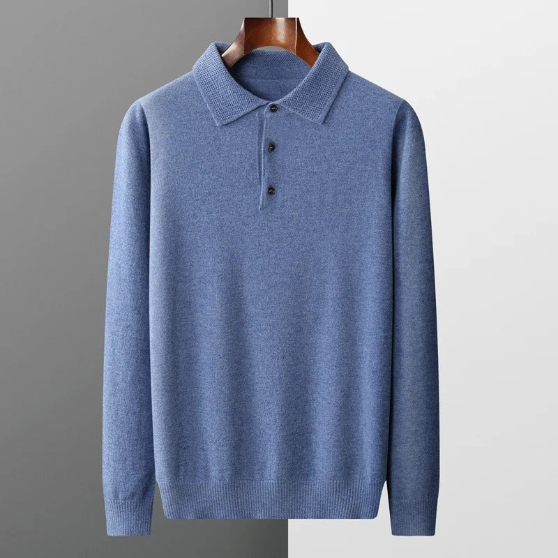 Men's Knit Polo Collar Sweater, Blue – on a hanger