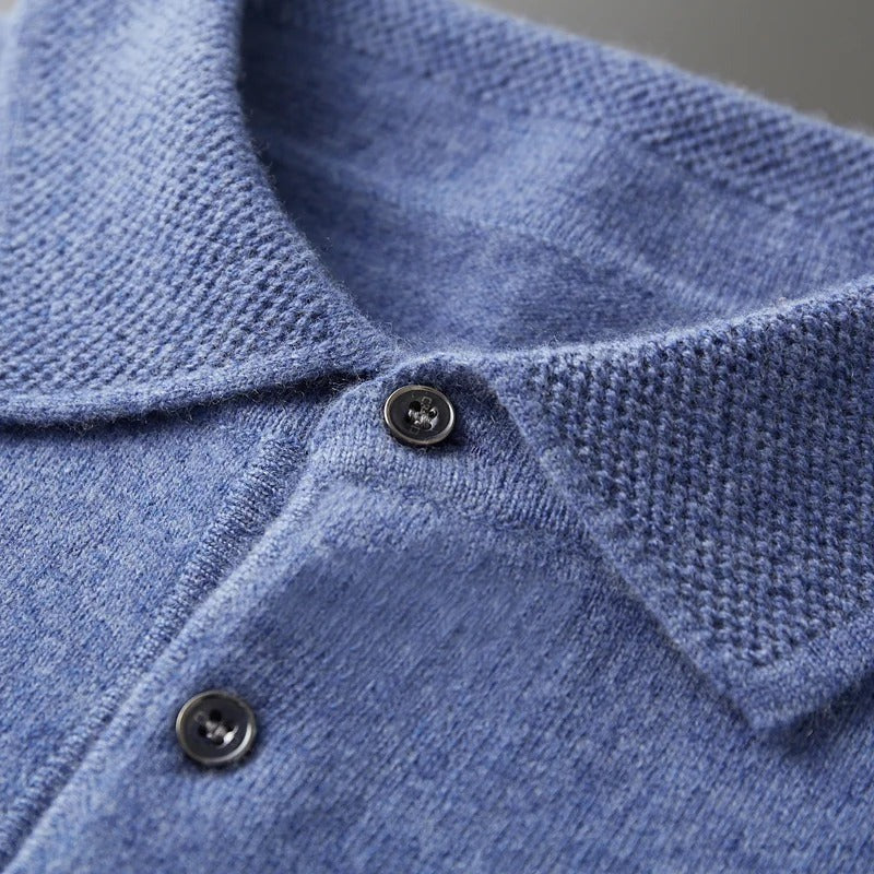 Men's Knit Polo Collar Sweater, Blue – collar detail