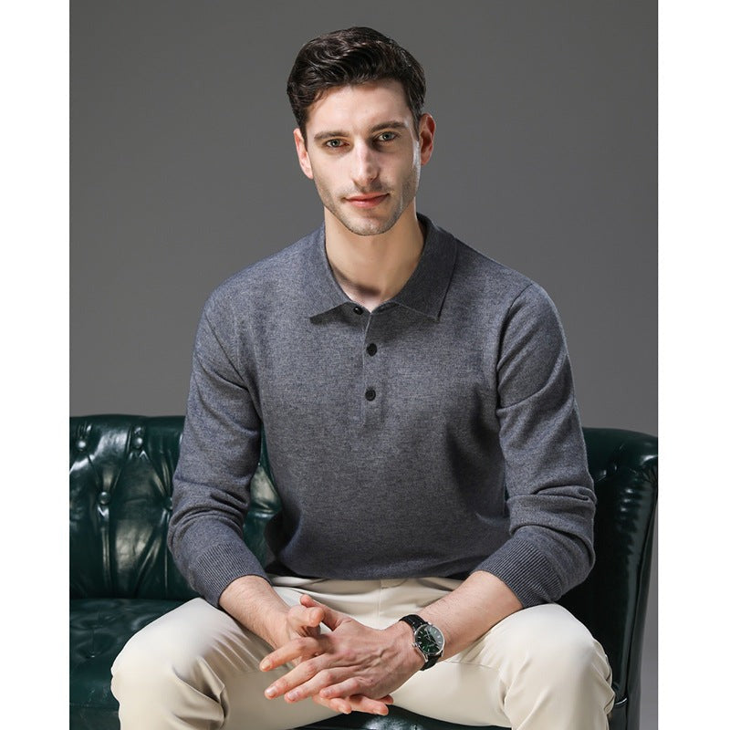 Men's Knit Polo Collar Sweater, Gray – seated view