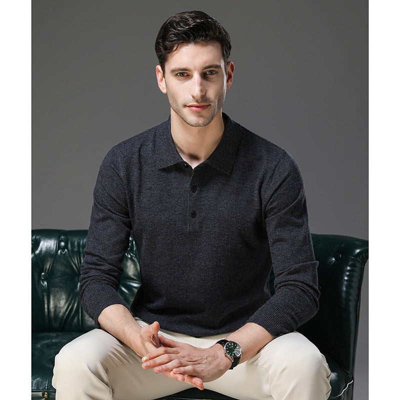 Men's Knit Polo Collar Sweater, Black – seated view