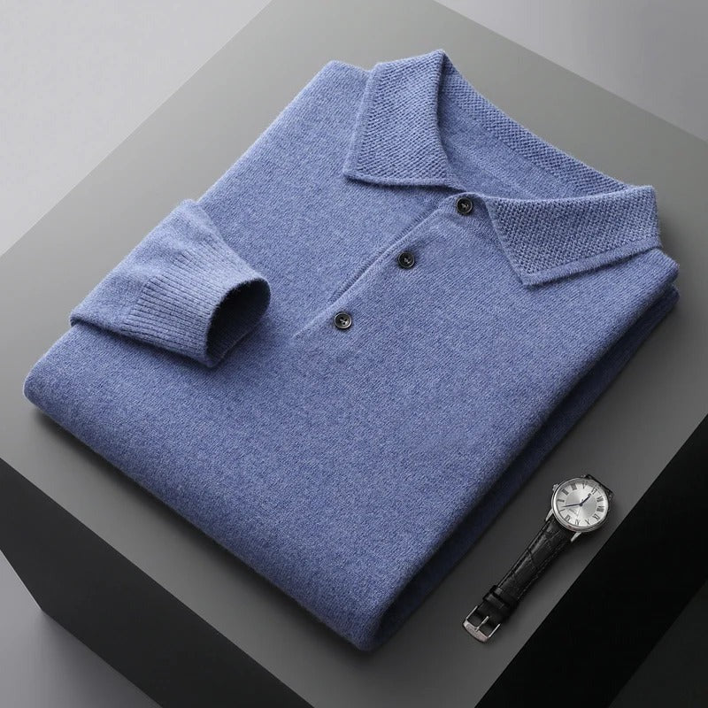 Men's Knit Polo Collar Sweater, Blue – flat lay