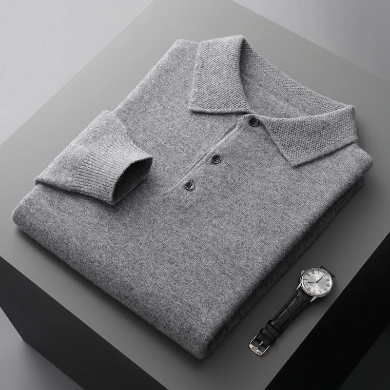 Men's Knit Polo Collar Sweater, Gray – flat lay