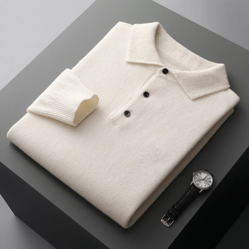 Men's Knit Polo Collar Sweater, White – flat lay