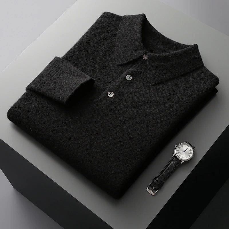 Men's Knit Polo Collar Sweater, Black – flat lay