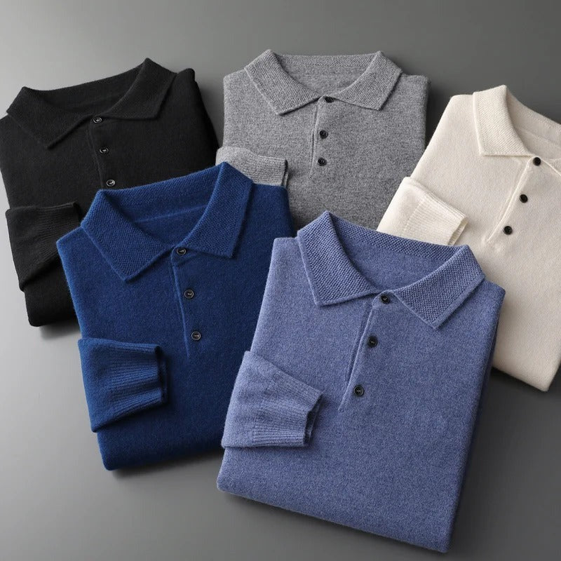 Men's Knit Polo Collar Sweater, Black – all colors flat lay