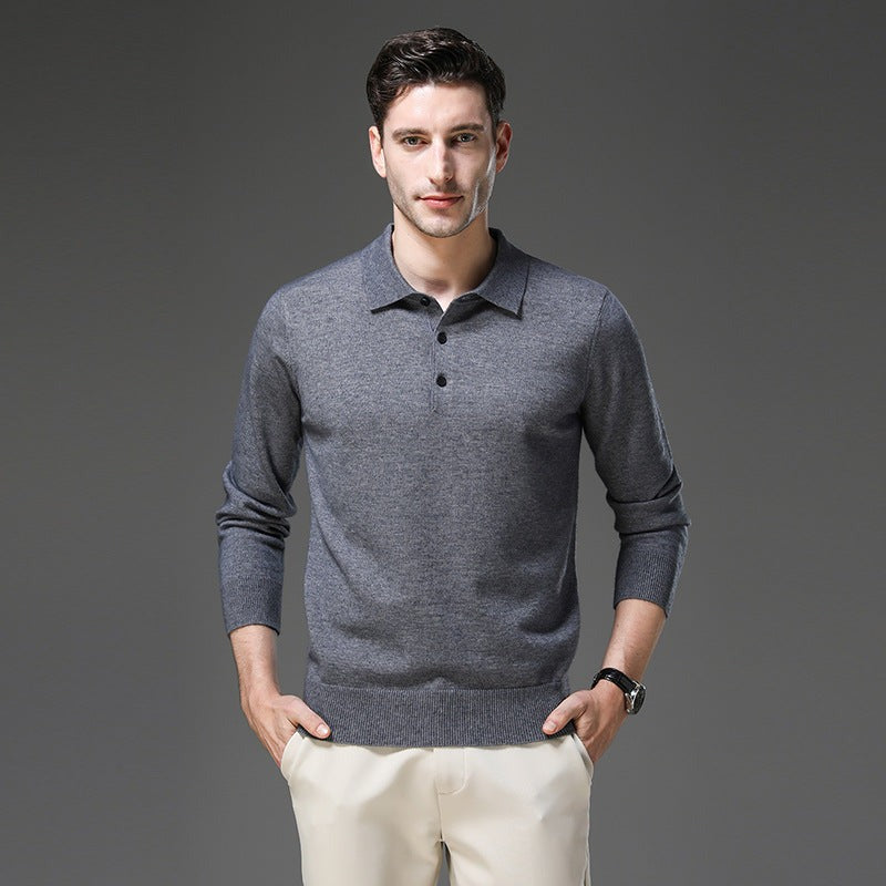 Men's Knit Polo Collar Sweater, Gray – worn by a model