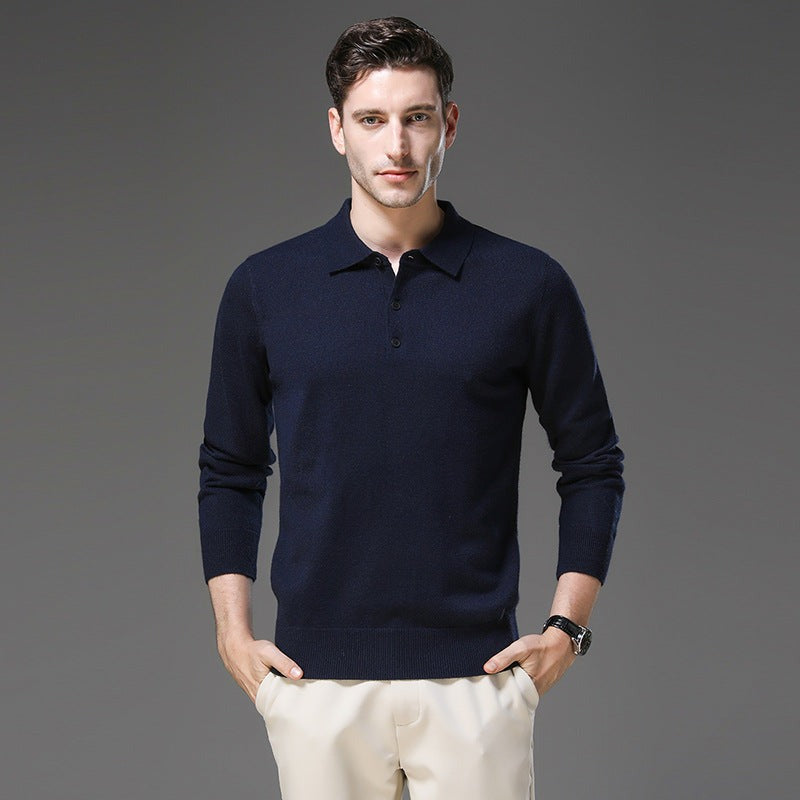 Men's Knit Polo Collar Sweater, Dark Blue – worn by a model