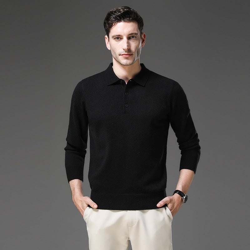 Men's Knit Polo Collar Sweater, Black – worn by a model