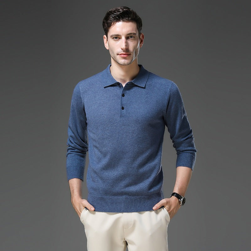 Men's Knit Polo Collar Sweater, Blue – worn by a model