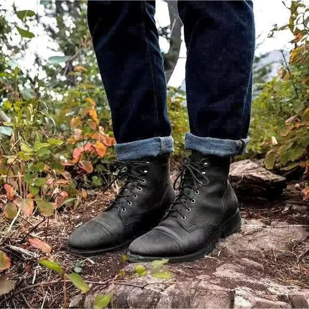 Men's Lace-Up Cap Toe Boots, Black – front view