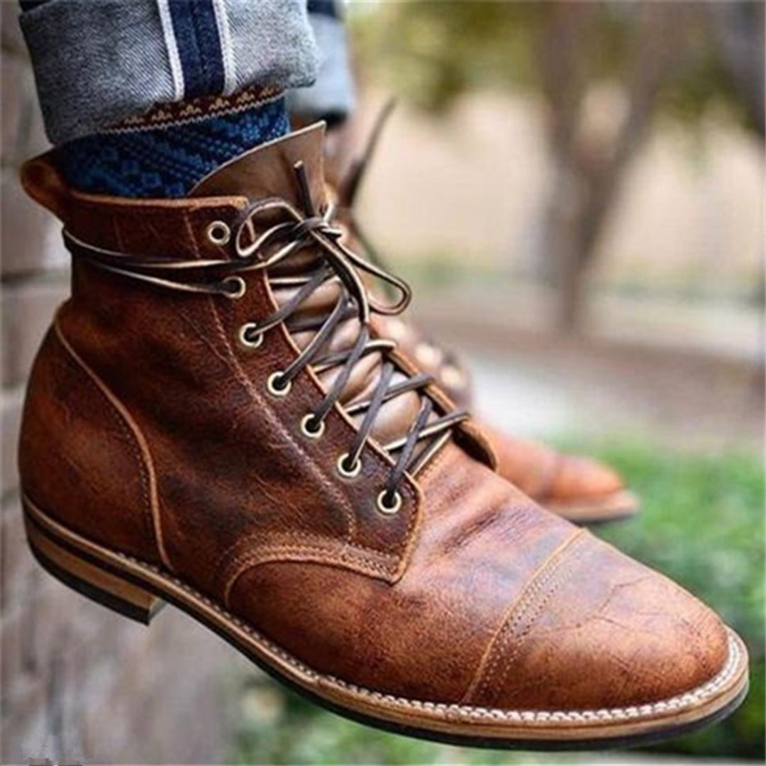 Men's Lace-Up Cap Toe Boots, Brown – outdoor view