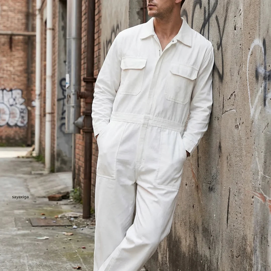 Men's Long Sleeve Cargo Jumpsuit, White – lifestyle view