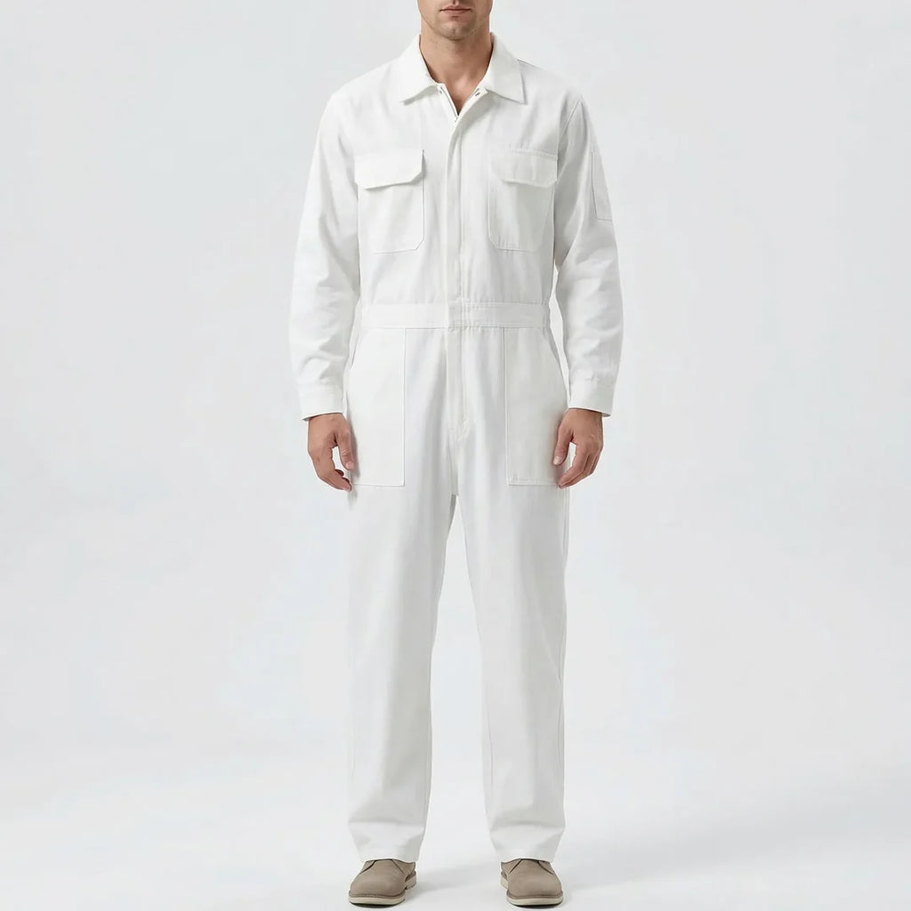 Men's Long Sleeve Cargo Jumpsuit, White – front view