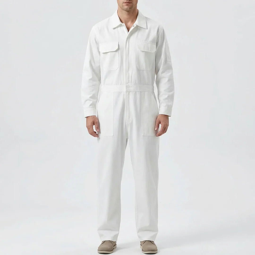 Men's Long Sleeve Cargo Jumpsuit, White – front view