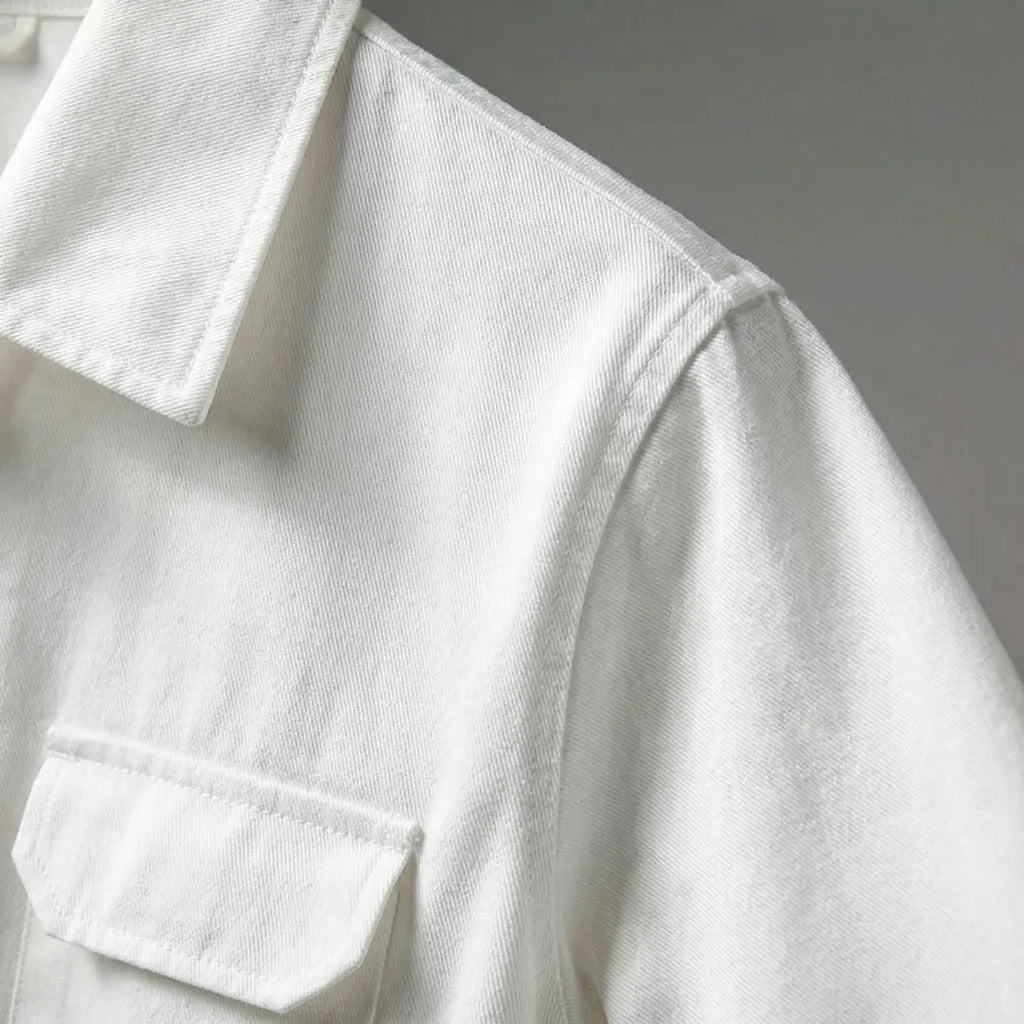 Men's Long Sleeve Cargo Jumpsuit, White – collar and chest pocket detail