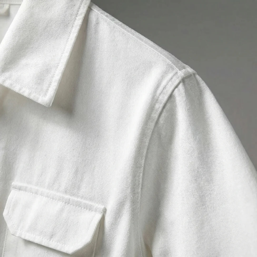 Men's Long Sleeve Cargo Jumpsuit, White – collar and chest pocket detail