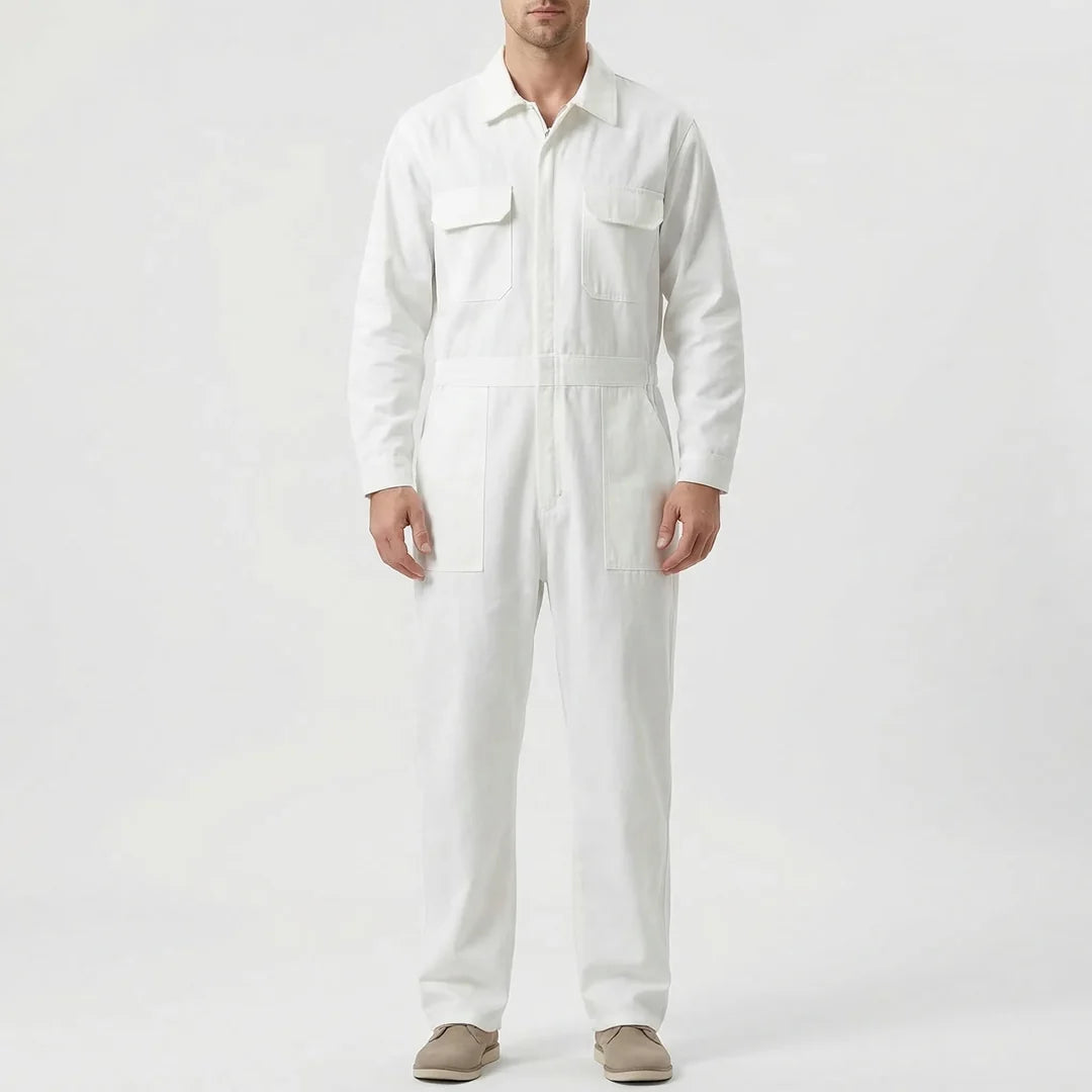 Men's Long Sleeve Cargo Jumpsuit, White – front view on model