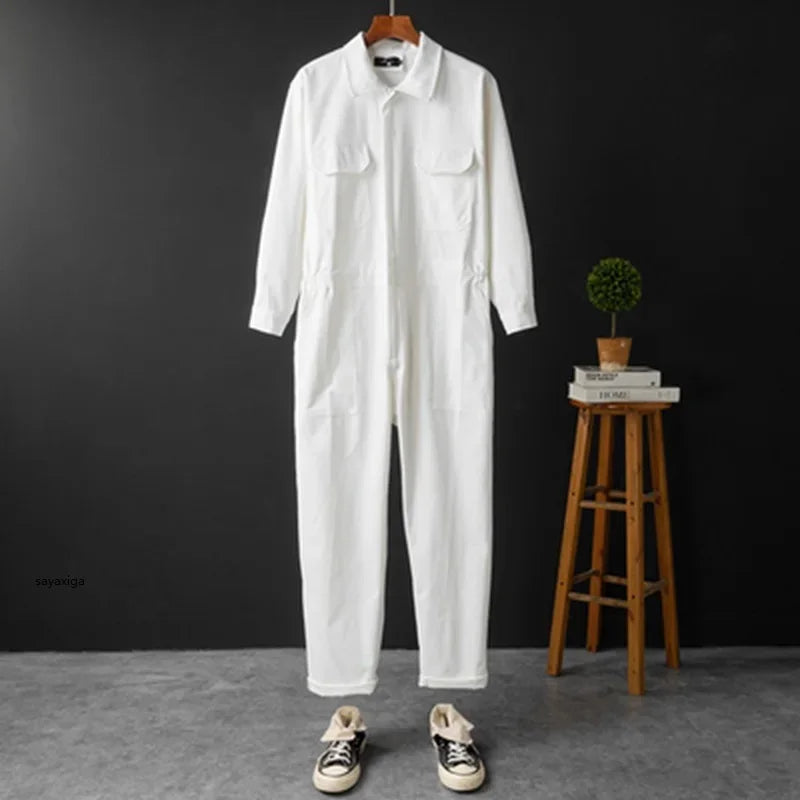 Men's Long Sleeve Cargo Jumpsuit, White – full length studio view