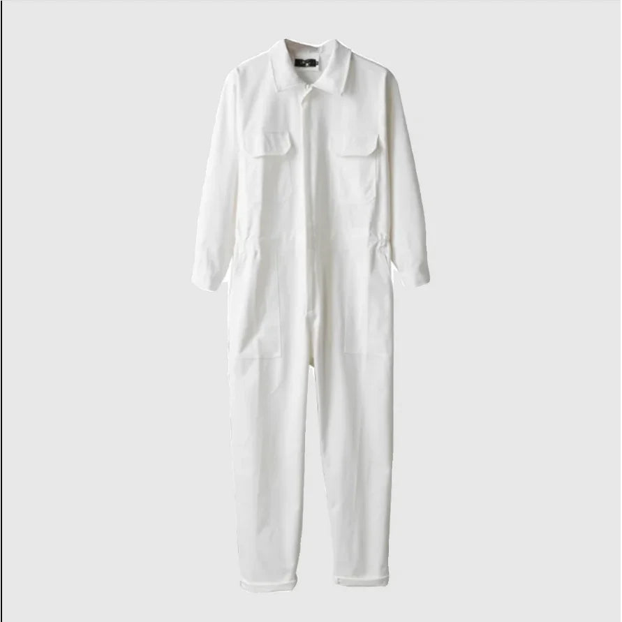 Men's Long Sleeve Cargo Jumpsuit, White – flat front view