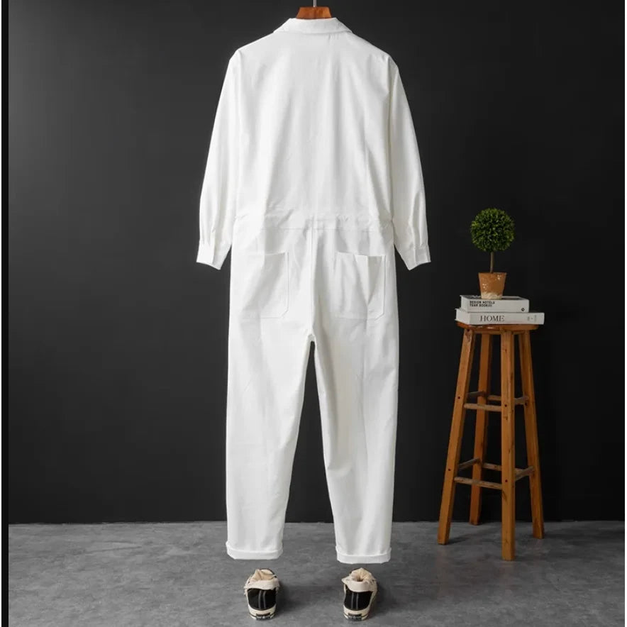 Men's Long Sleeve Cargo Jumpsuit, White – side studio view