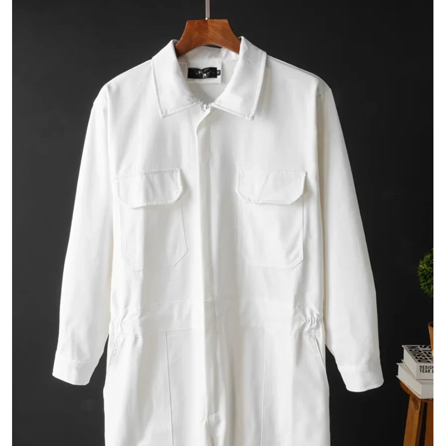 Men's Long Sleeve Cargo Jumpsuit, White – upper body close-up