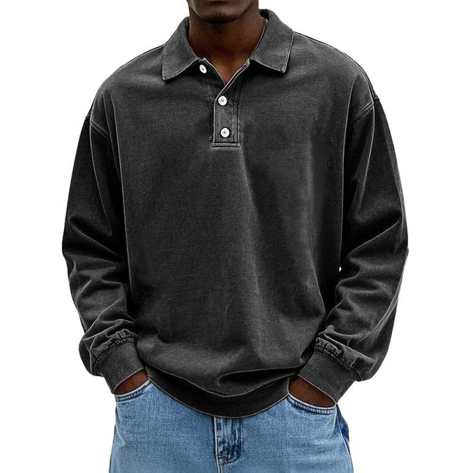 Men's Long Sleeve Polo Sweatshirt, Black – front view
