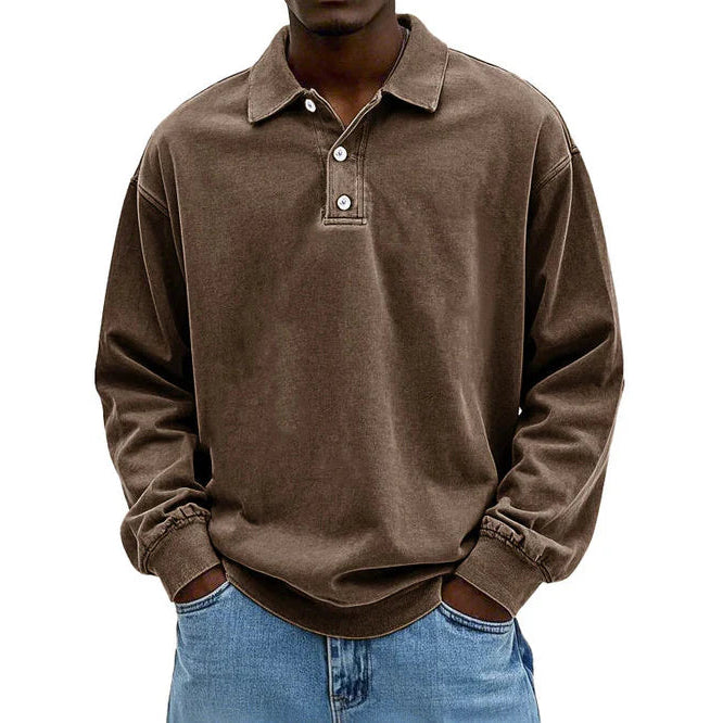 Men's Long Sleeve Polo Sweatshirt, Brown – front view